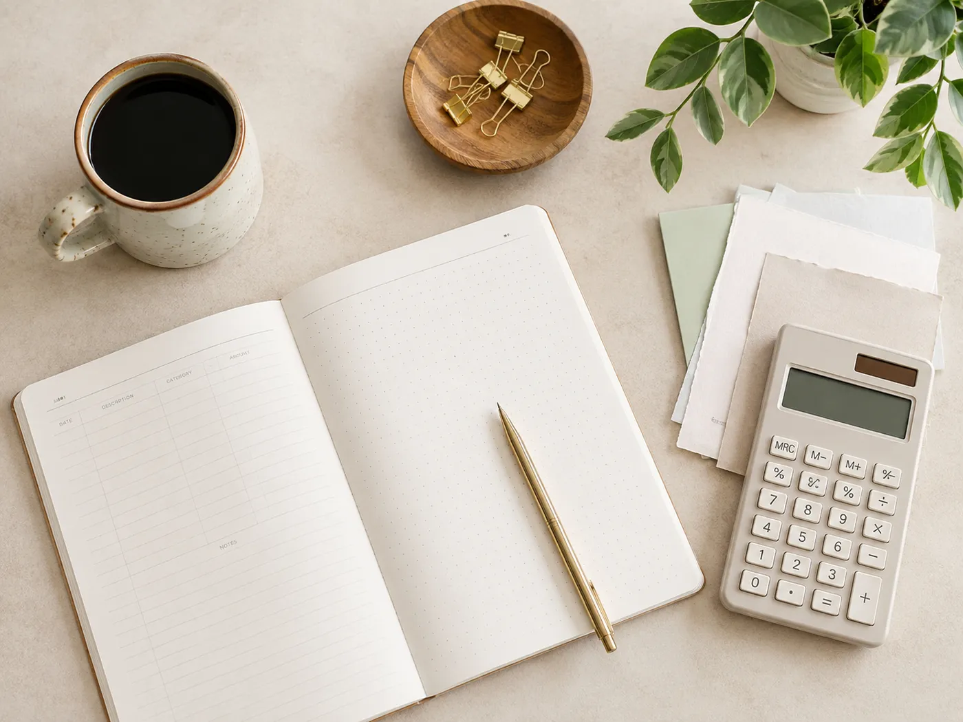 A calm flat-lay of a budget notebook with a category/amount ledger, a fountain pen, a mug of coffee, and a calculator on a warm neutral desk.