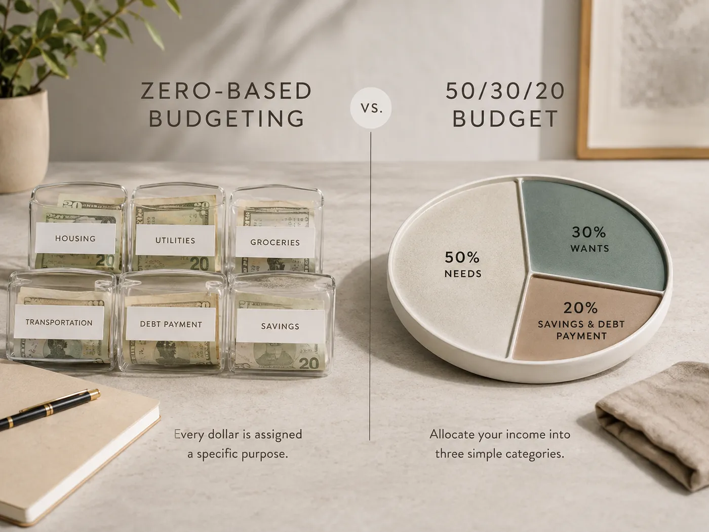 Side-by-side comparison: zero-based budgeting shown as labeled cash jars for housing, utilities, groceries, transportation, debt payment, and savings, versus a 50/30/20 budget shown as a divided plate of 50% needs, 30% wants, and 20% savings and debt payment.