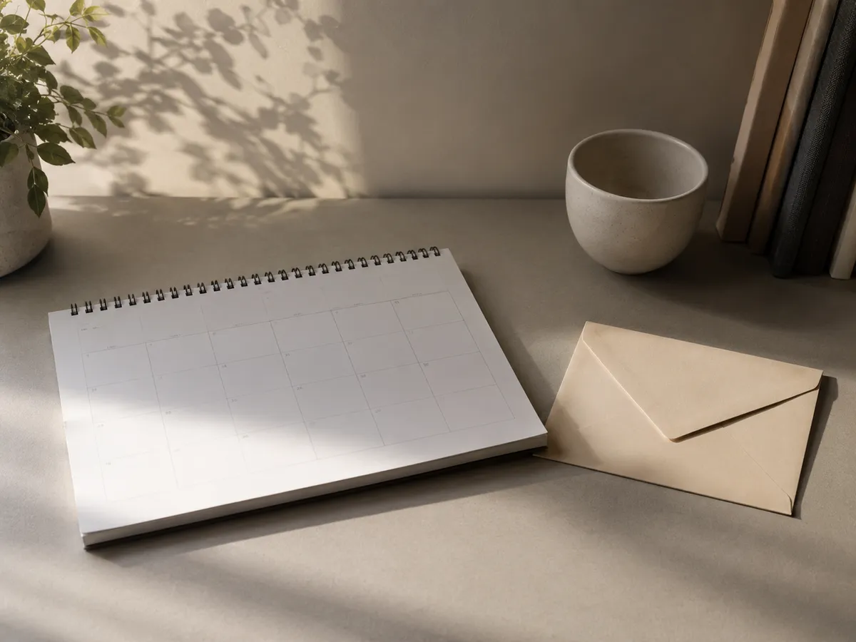 A blank spiral calendar and an unopened envelope sitting on a sunlit desk, next to a plant and a stack of books.