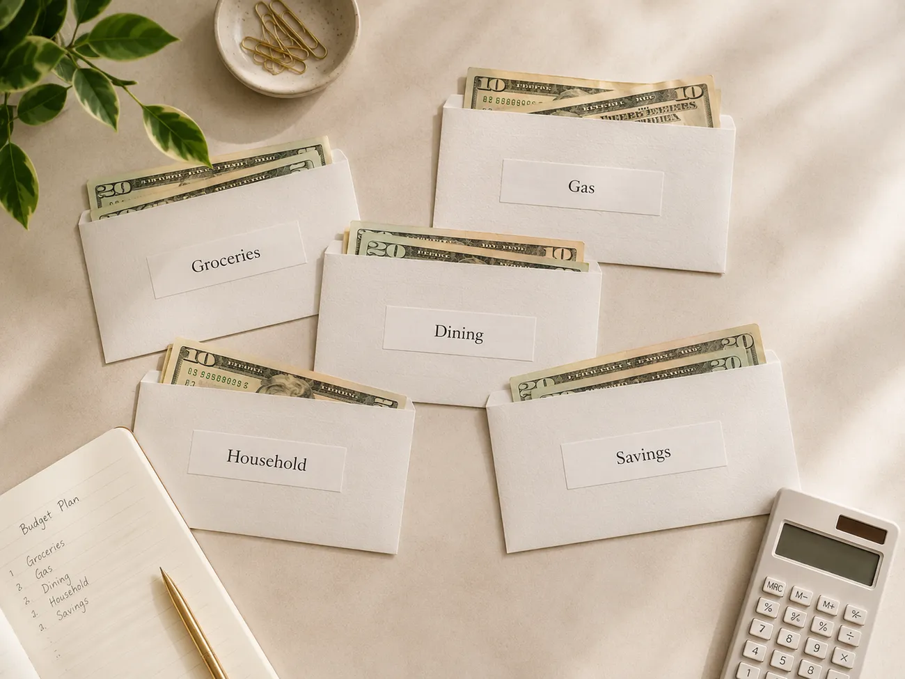 Five labeled cash envelopes on a desk — Groceries, Gas, Dining, Household, and Savings — each holding bills, next to a handwritten budget plan list, a pen, and a calculator.