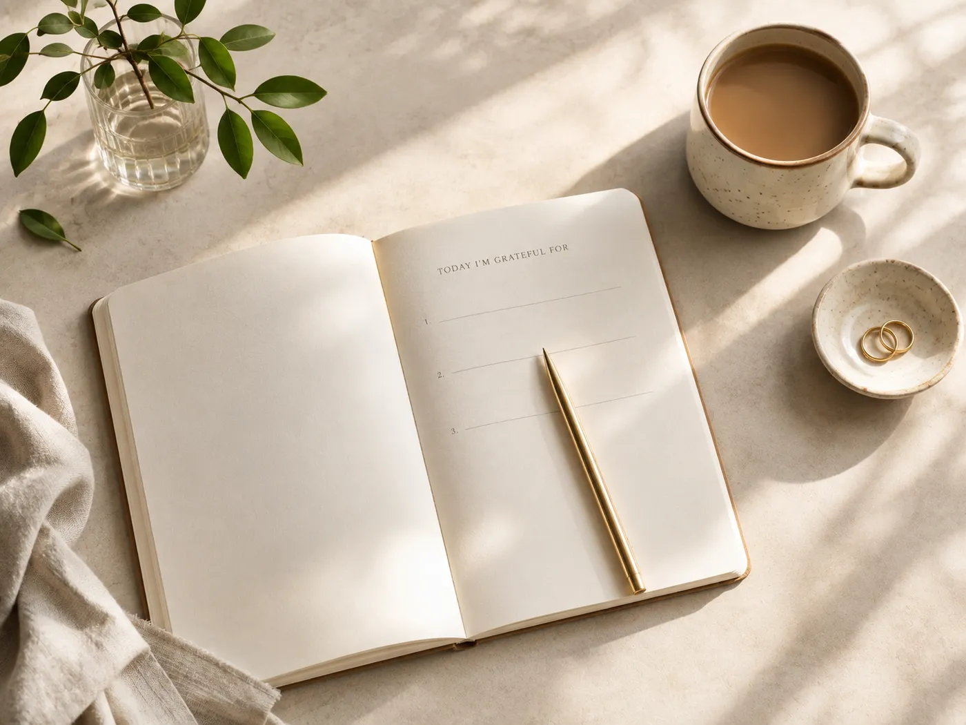 A gratitude journal open to a page headed 'Today I'm grateful for,' with a gold pen, a cup of coffee, and soft morning light on a warm neutral desk.