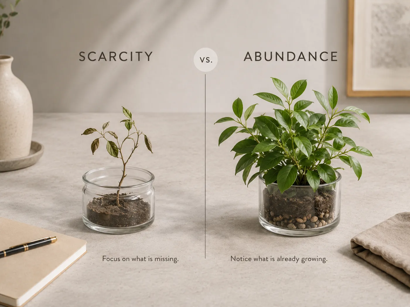 Two potted plants side by side: a sparse, struggling seedling labeled 'Scarcity — focus on what is missing,' and a full, thriving plant labeled 'Abundance — notice what is already growing.'