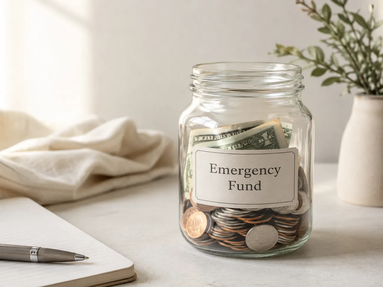 A glass jar labeled 'Emergency Fund' holding cash and coins, next to an open notebook and pen on a light desk.