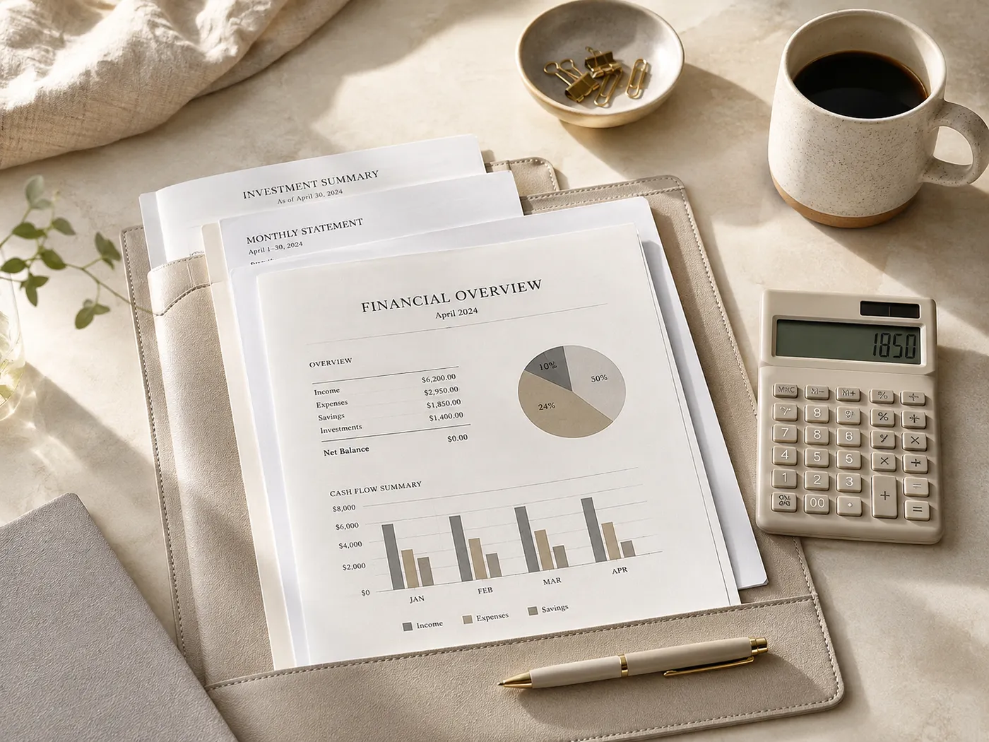 A financial overview report in a leather folio, showing income, expenses, savings, and a cash-flow chart, next to a calculator, coffee, and pen on a warm neutral desk.