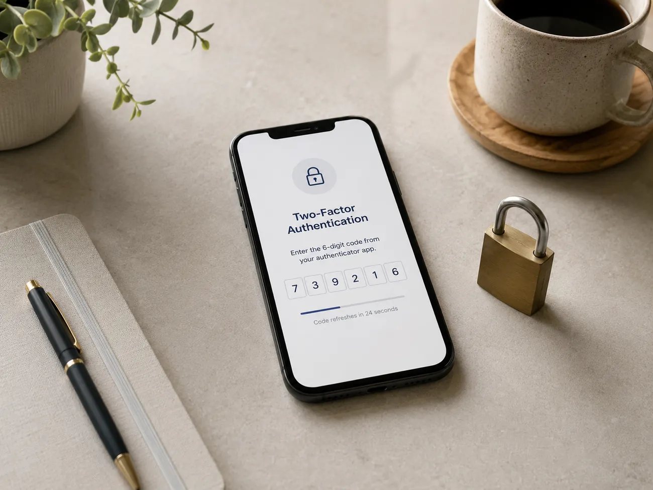 A smartphone showing a two-factor authentication screen with a six-digit code, next to a physical brass padlock on a desk.