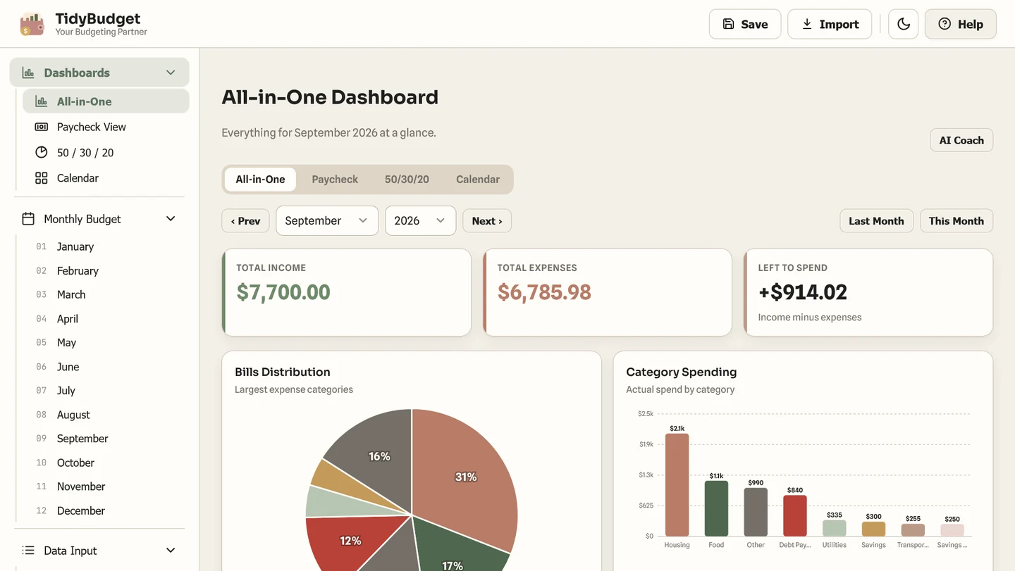 TidyBudget dashboard screen