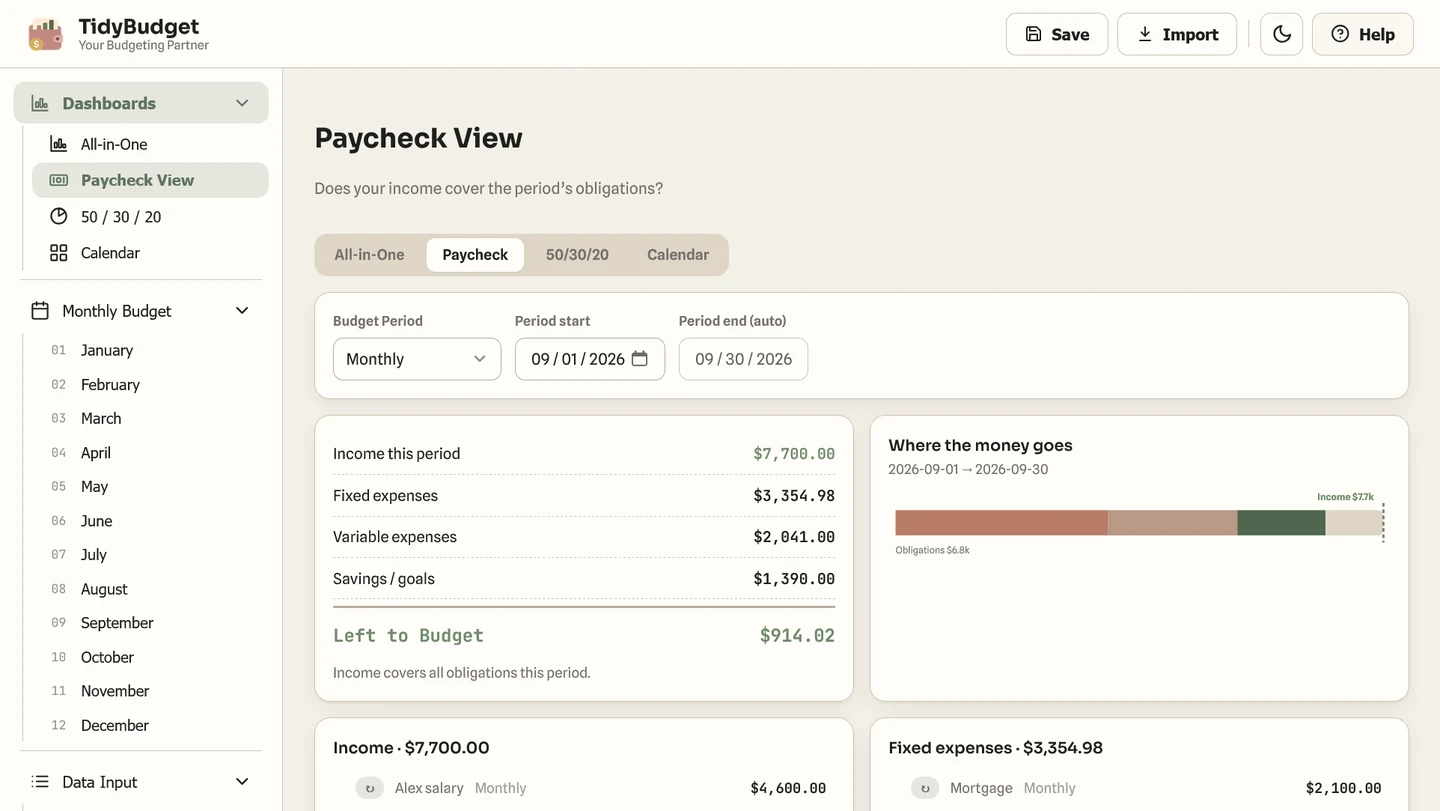 TidyBudget paycheck screen