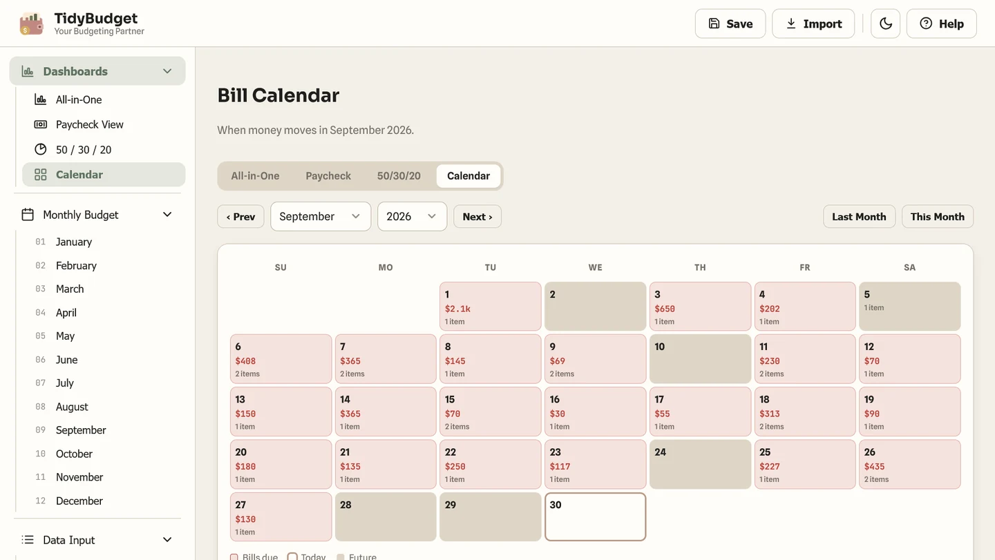 TidyBudget calendar screen