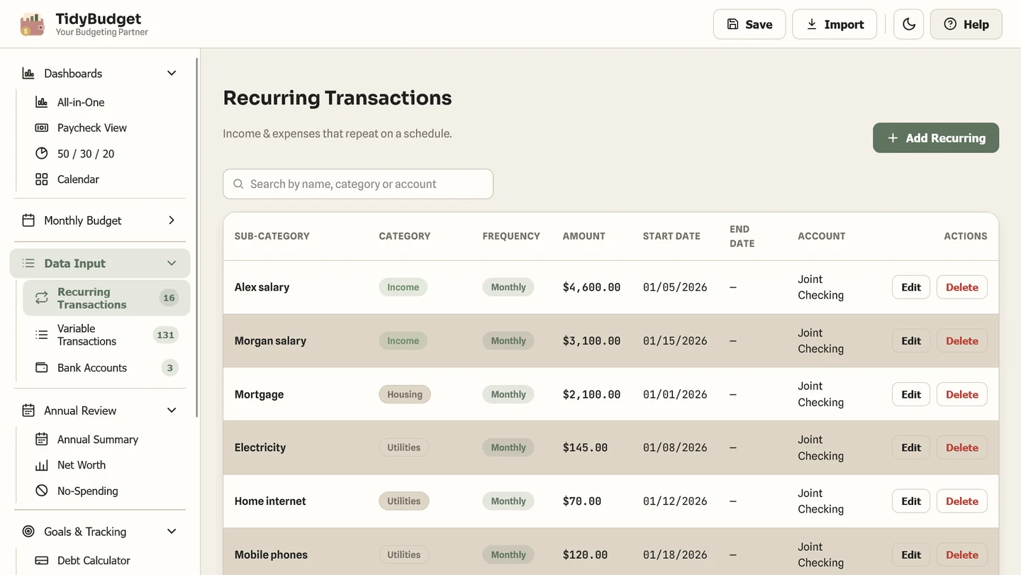 TidyBudget recurring screen