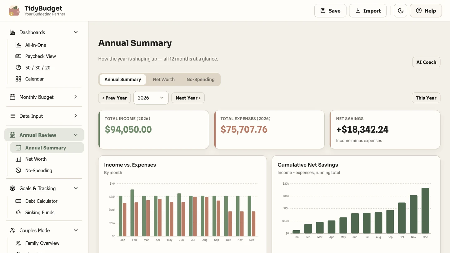 TidyBudget annual summary screen