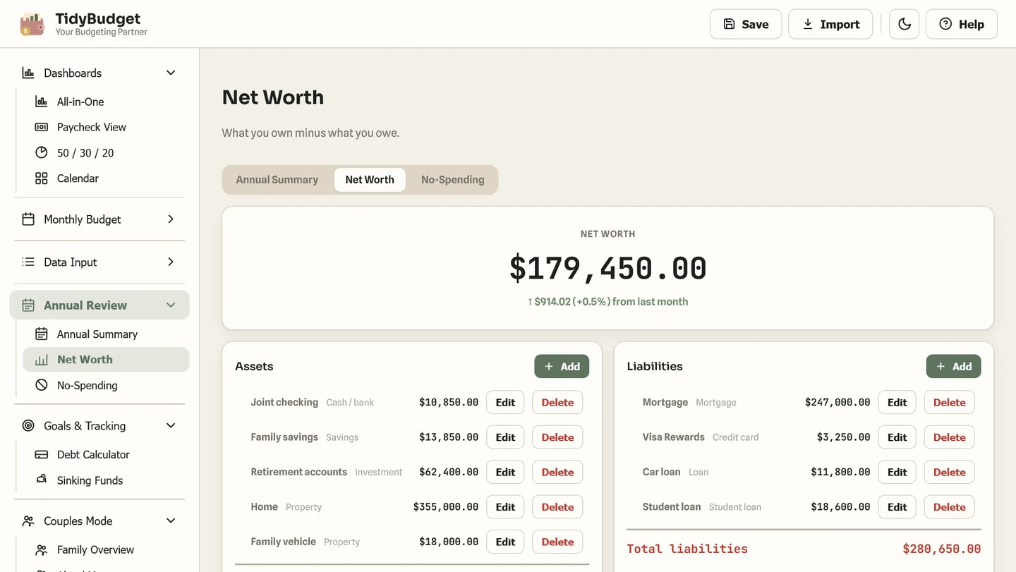 TidyBudget net worth screen