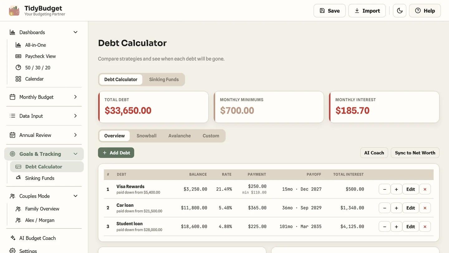 TidyBudget debt calculator screen