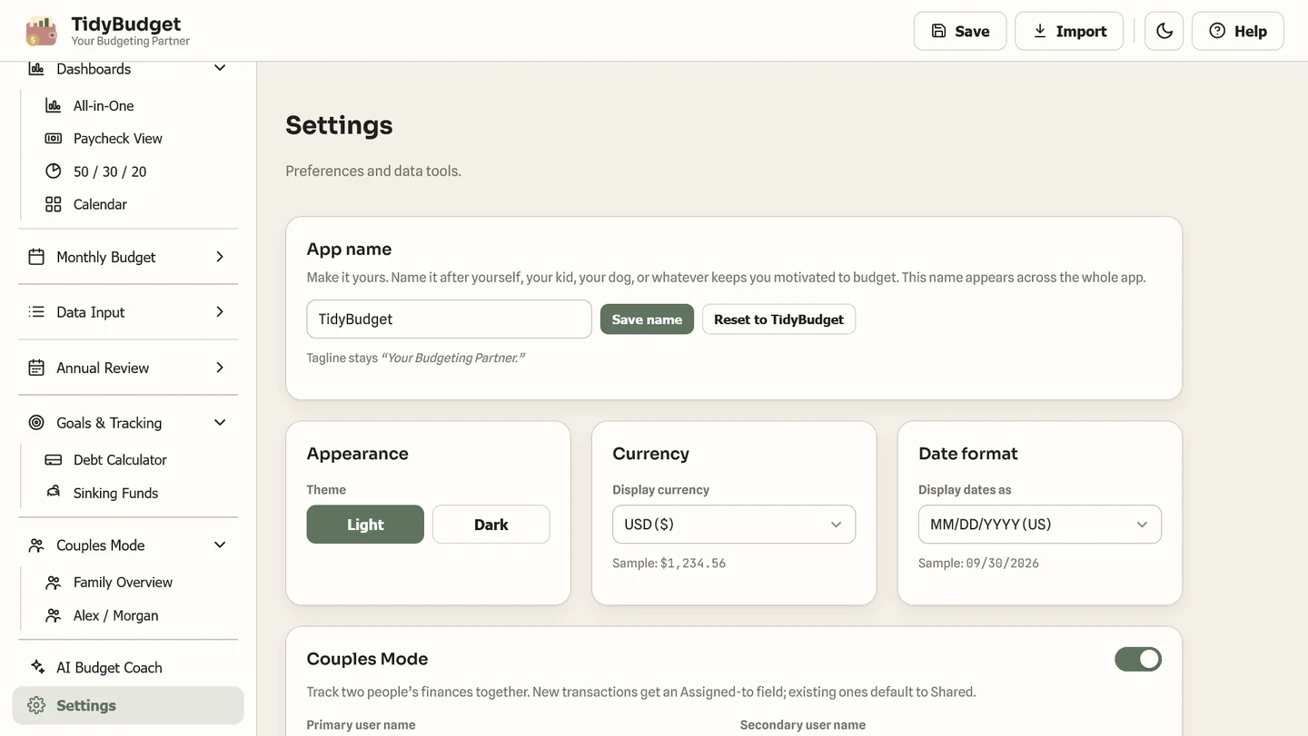 TidyBudget settings screen
