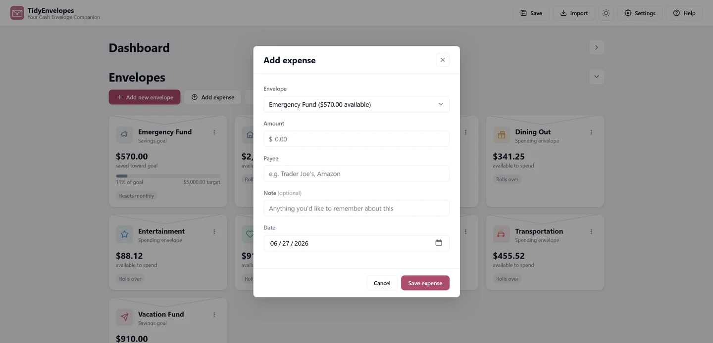 TidyEnvelopes Add Expense screen