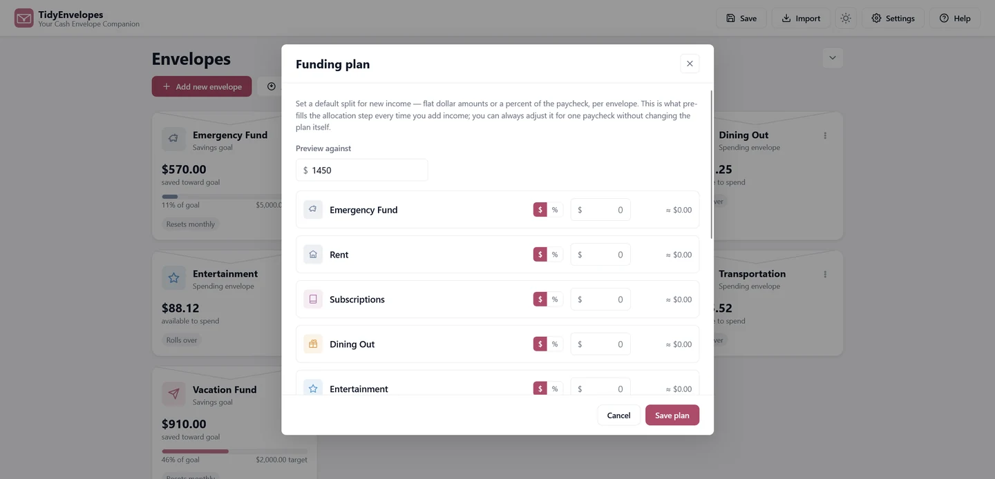 TidyEnvelopes Funding Plan screen