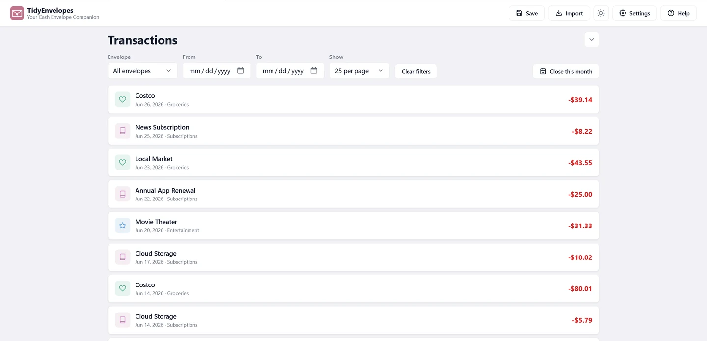 TidyEnvelopes Transactions screen