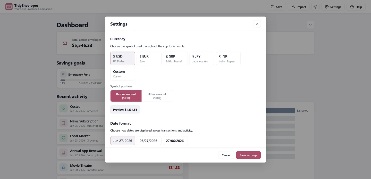 TidyEnvelopes Settings screen
