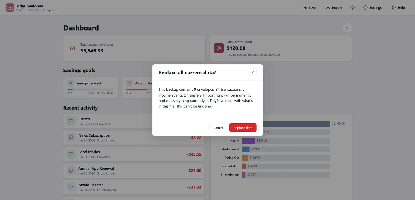 TidyEnvelopes Import screen