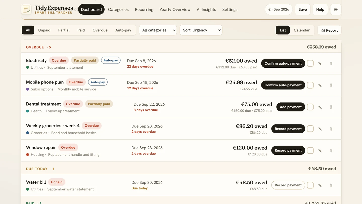 TidyExpenses dashboard screen