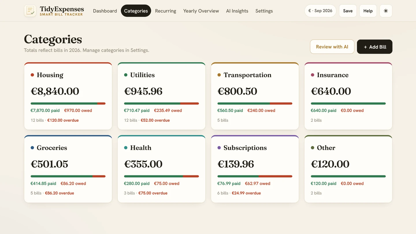 TidyExpenses categories screen