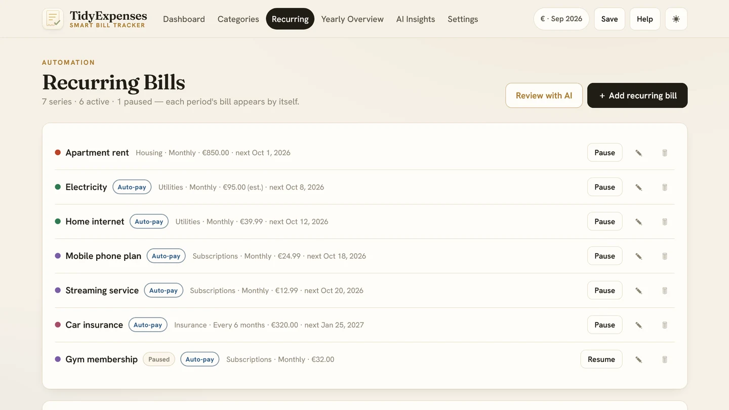 TidyExpenses recurring screen