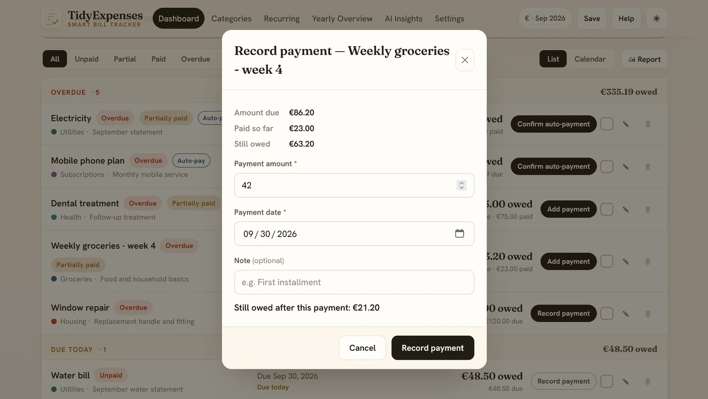 TidyExpenses record payment screen