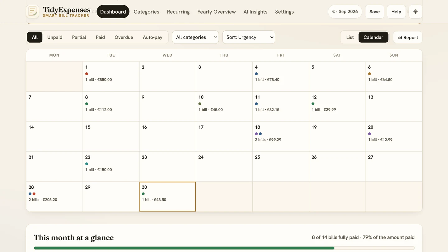 TidyExpenses dashboard calendar screen