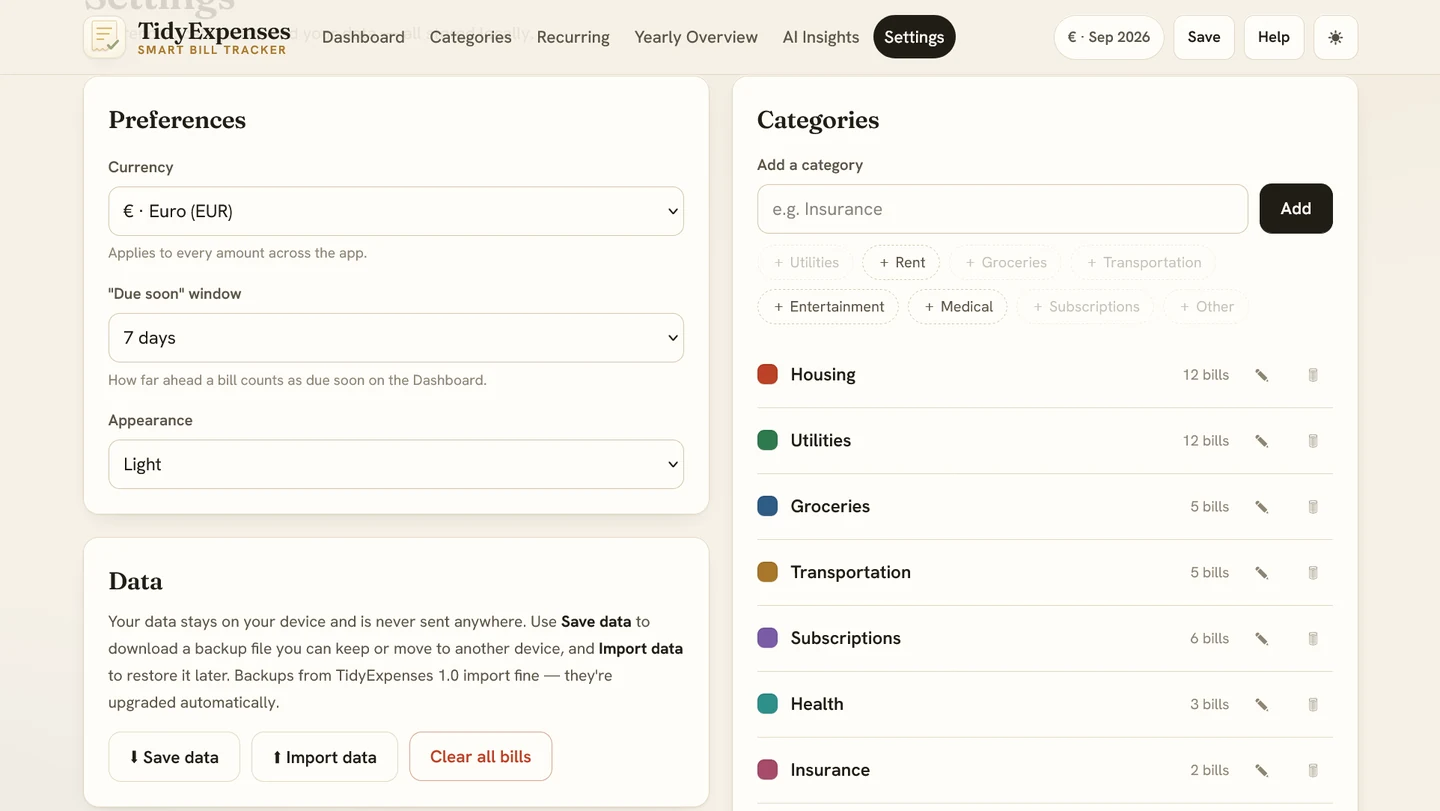 TidyExpenses settings data screen