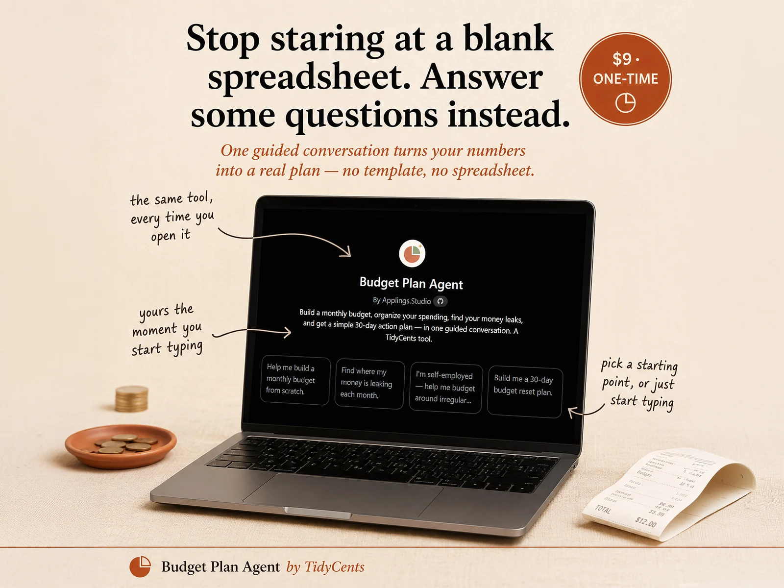 Budget Plan Agent shown on a laptop, with starter prompts for building a monthly budget, finding money leaks, budgeting on irregular income, and a 30-day reset plan.