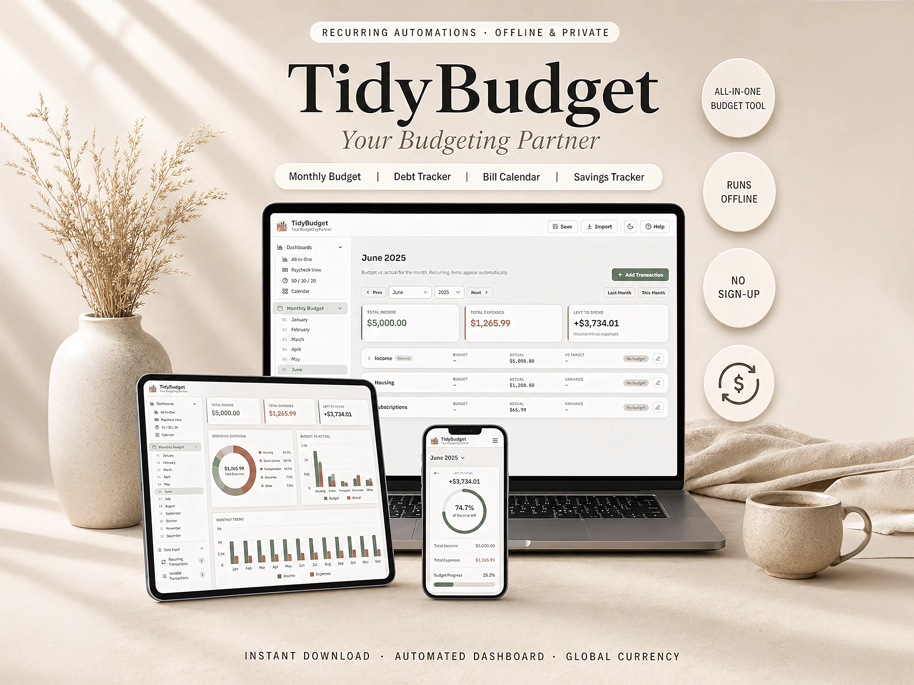 TidyBudget shown on a laptop, tablet and phone, displaying a monthly budget dashboard with income, expenses and money left to spend.
