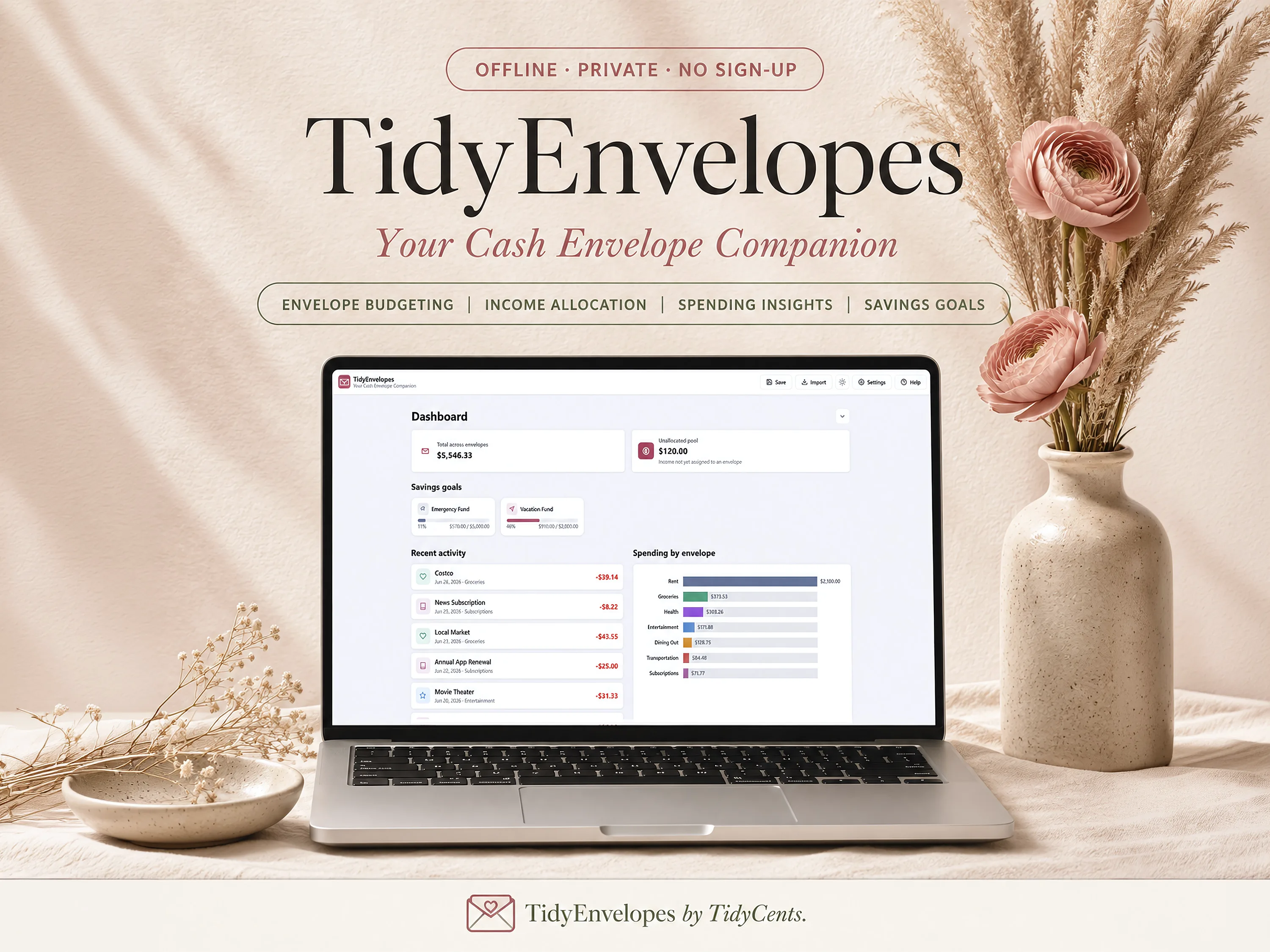 TidyEnvelopes shown on a laptop, displaying envelope balances, savings goals, recent activity and spending by envelope.