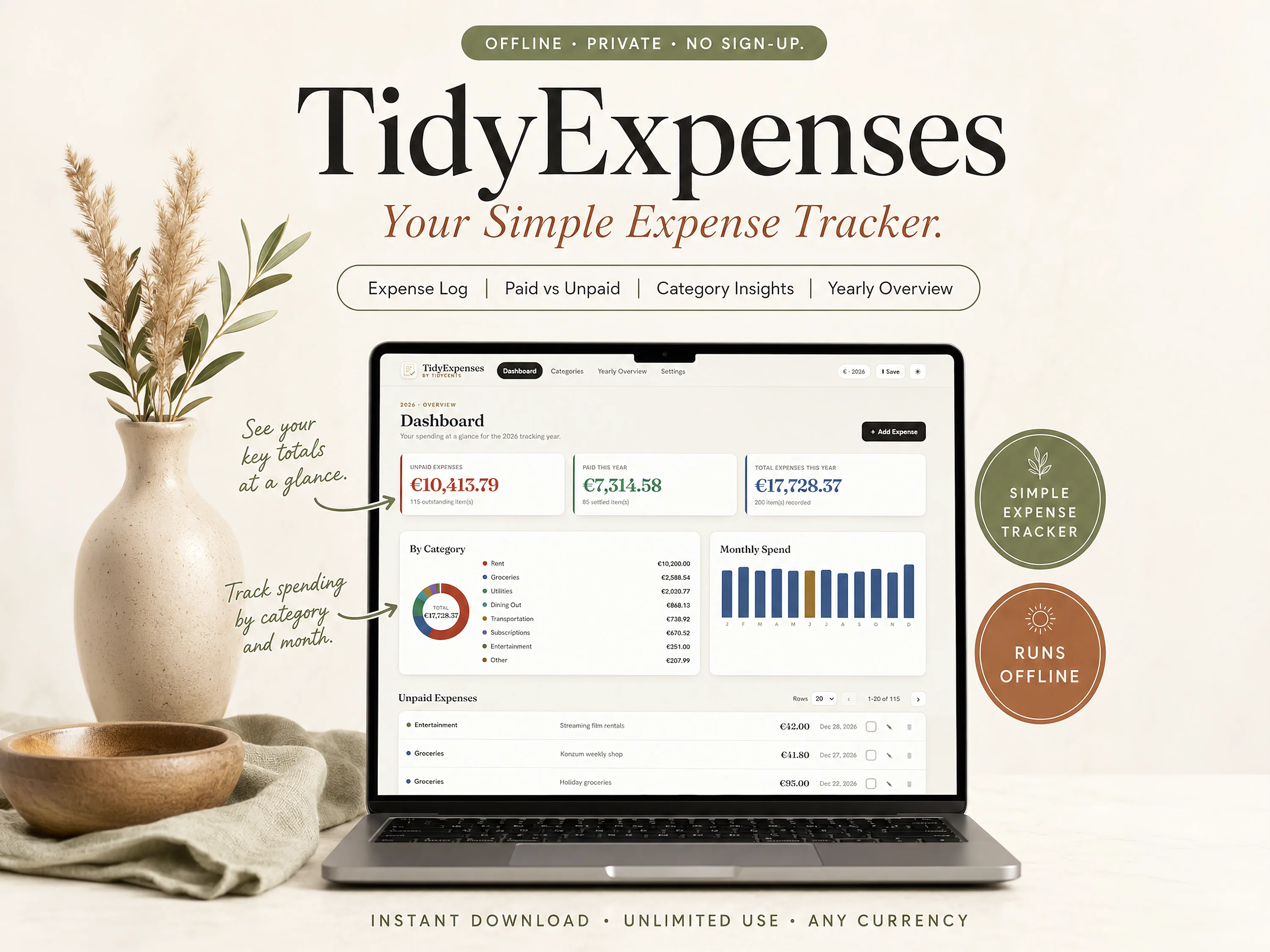 TidyExpenses shown on a laptop, displaying an expense dashboard with unpaid expenses, paid this year, spending by category and monthly spend.