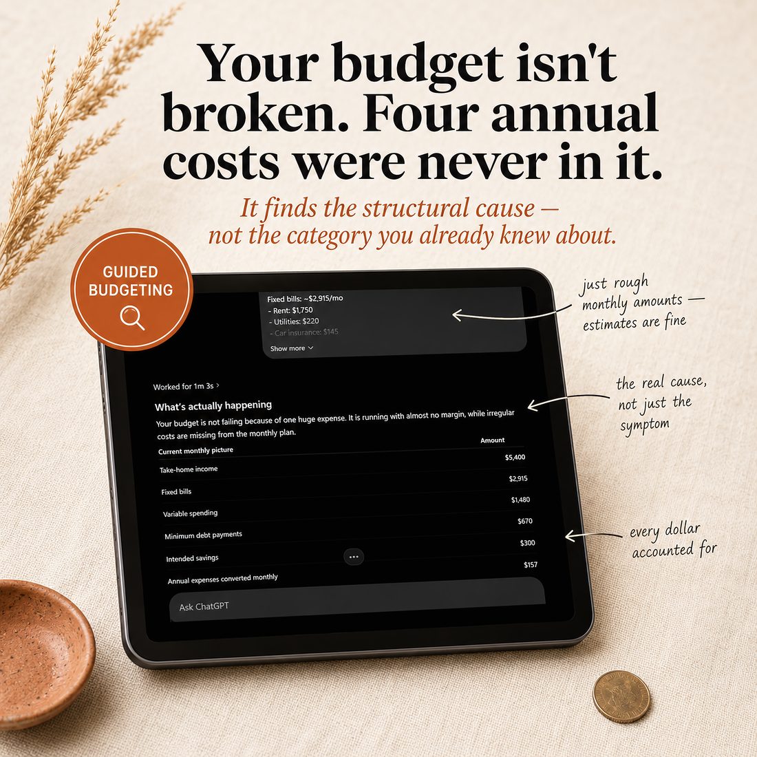Budget Plan Agent output on a tablet, headlined 'Your budget isn't broken. Four annual costs were never in it,' showing the real diagnosis text and a current monthly picture table.