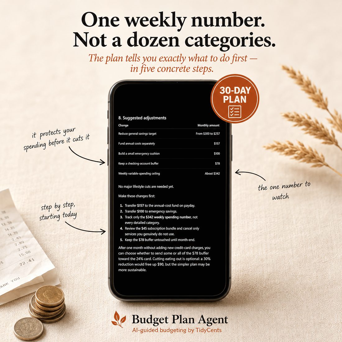 Budget Plan Agent's suggested-adjustments output on a phone, showing a numbered list of concrete monthly changes and the note 'no major lifestyle cuts are needed yet.'